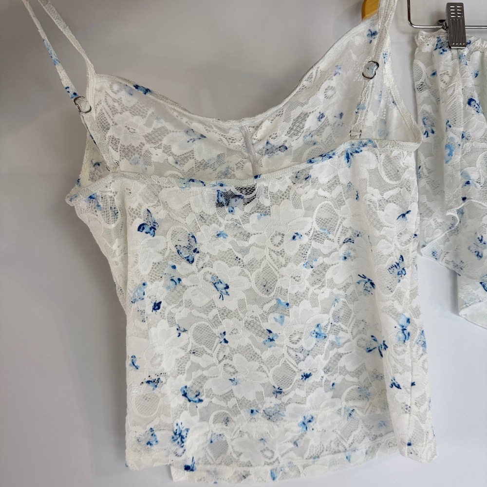 Frankies Bikinis Cassie Tank Flora Shorts Set Womens L White Blue Lace Butterfly - Picture 6 of 13